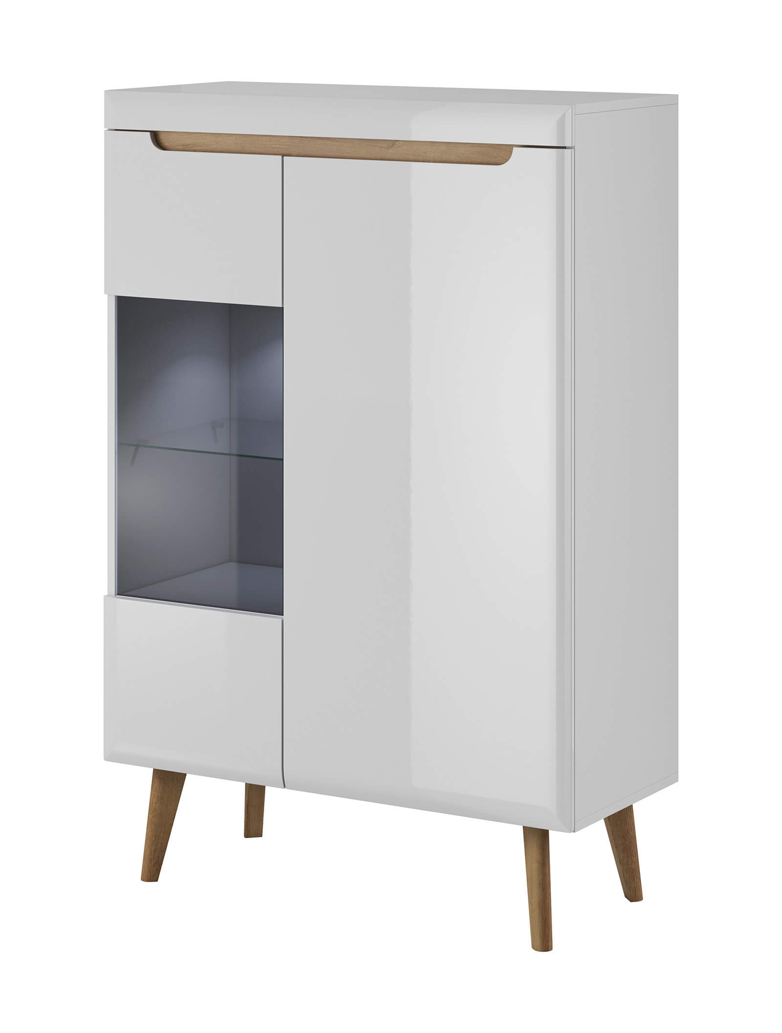 Vitrine basse NORDI blanc brillant et bois clair Vitrine basse NORDI blanc brillant et bois clair
