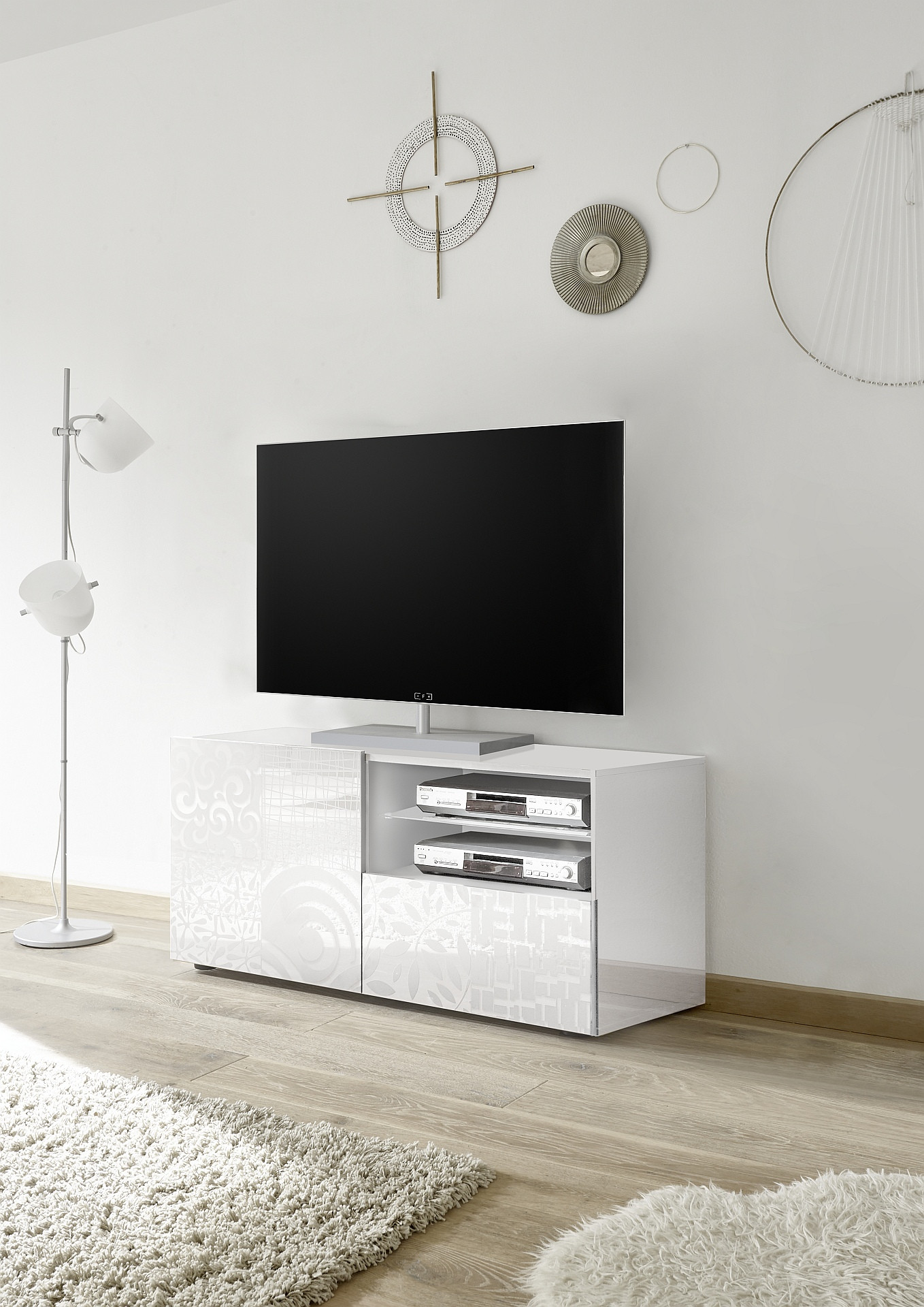  Meuble  TV petit  1 porte 1 tiroir Serle blanc  laqu  